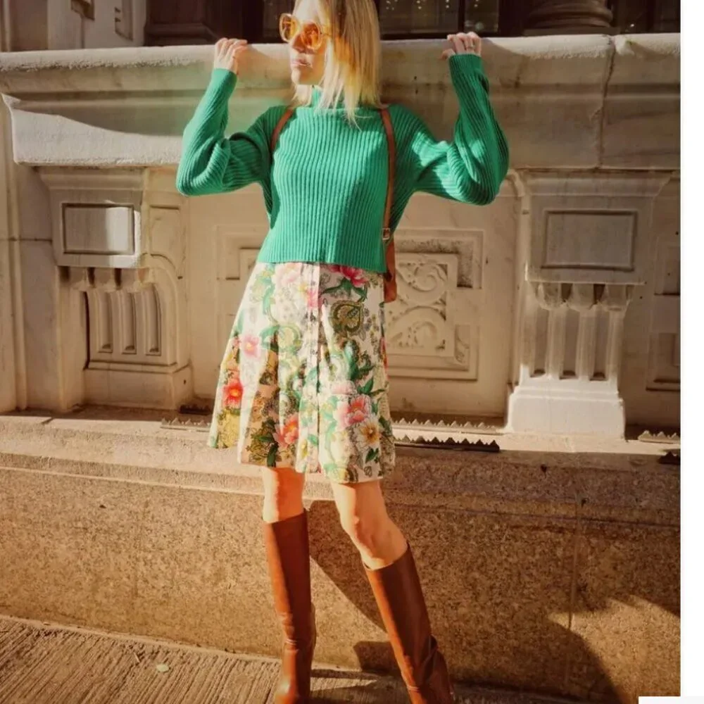 TIBI Sweater Green Wool Rib Cropped Pullover Mock Turtleneck XS